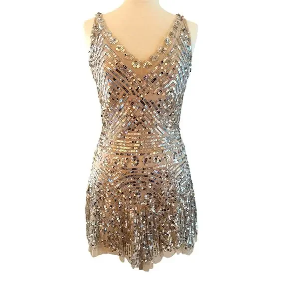 loose glitter dress Illusion V-Neckline Glitter Long Gown BZ017 10 / Silver main image 1
